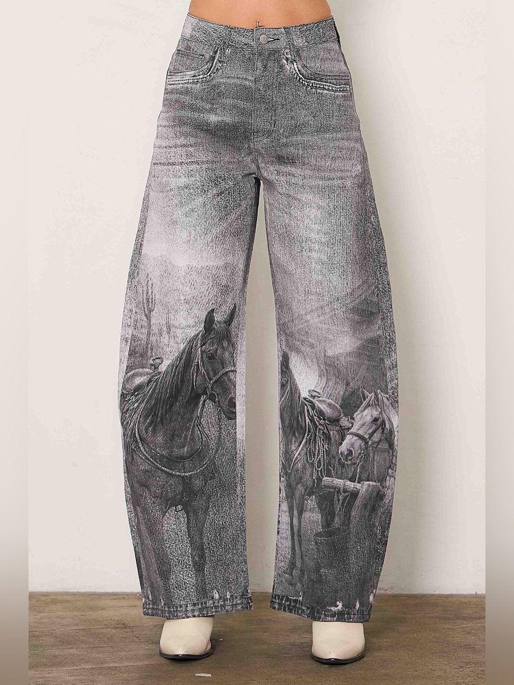 Vibrant M.I.U. Western Black Horse Digital Printed Baggy Jeans